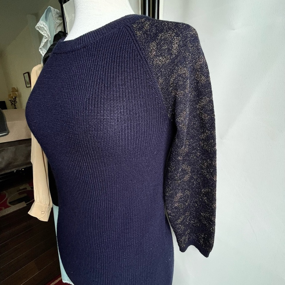 LOFT Navy Pullover Sweater Crew Neck Gold Metallic Pattern 3/4 Raglan Sleeves S